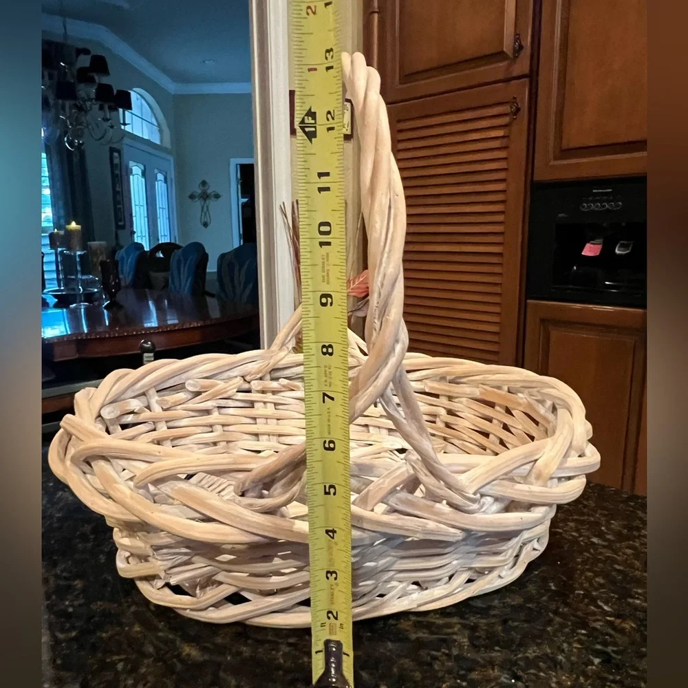 Vintage Whitewashed Wicker Basket with Handle